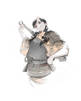 Rule 34 | 1girl, absurdres, armor, black eyes, black hair, chipped tooth, club, club (weapon), cropped legs, dungeon meshi, grin, hair over shoulder, hand on own hip, highres, holding, holding behind back, holding club, holding weapon, holding weapon behind back, horns, inutade, japanese armor, japanese clothes, kanabou, kanji (nievart), kusazuri, long hair, looking at viewer, low twintails, oni, shoulder armor, simple background, skin-covered horns, smile, sode, solo, spiked club, twintails, weapon, white background