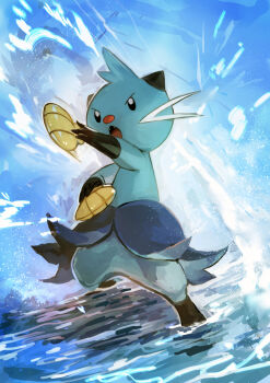 Rule 34 | :o, absurdres, black eyes, commentary request, day, dewott, fangs, gen 5 pokemon, highres, holding seashell, nintendo, no humans, open mouth, outdoors, pokemon, pokemon (creature), pokemon focus, seashell, shell, solo, standing, sushimi (nijoujou), water