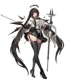 1girl absurdres arknights black_hair black_skirt black_thighhighs blunt_bangs bow_(music) breasts full_body halo high_heels highres holding holding_bow_(music) holding_instrument holding_violin instrument long_hair looking_at_viewer short_shorts shorts simple_background skirt smile solo thighhighs very_long_hair violin virtuosa_(arknights) white_background wings wonderkeyu zettai_ryouiki