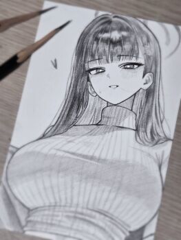 1girl anyak05 art_tools_in_frame blue_archive blunt_bangs blush breasts bright_pupils graphite_(medium) greyscale halo heart highres large_breasts long_hair looking_at_viewer monochrome parted_lips photo_(medium) rio_(blue_archive) solo sweater traditional_media turtleneck turtleneck_sweater upper_body vertical-striped_sweater