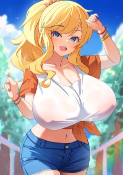 Rule 34 | 1girl, absurdres, blonde hair, blue eyes, blue shorts, blue sky, blurry, blurry background, bracelet, breasts, cleavage, cloud, collarbone, commentary request, covered erect nipples, cowboy shot, day, denim, denim shorts, hair ornament, highres, huge breasts, idolmaster, idolmaster cinderella girls, idolmaster cinderella girls starlight stage, jewelry, looking at viewer, midriff, no bra, ohtsuki yui, open mouth, orange shirt, outdoors, ponytail, satoyama meu, see-through clothes, see-through shirt, shirt, short shorts, shorts, sidelocks, sky, smile, solo, standing, teeth, tied shirt, two-tone shirt, upper teeth only, white shirt