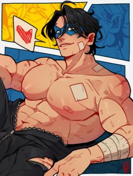 Rule 34 | 1boy, abs, absurdres, bandaged arm, bandages, bara, batman (series), black hair, blood, blue mask, broad shoulders, collarbone, commentary, cowboy shot, dc comics, dutch angle, english commentary, eye mask, gauze, heart, highres, injury, jihi chan, male focus, mask, navel, nightwing, nipples, open pants, pants, pectorals, scar, scar on arm, short hair, smile, solo, speech bubble, spoken heart, torn clothes, unzipped, zipper