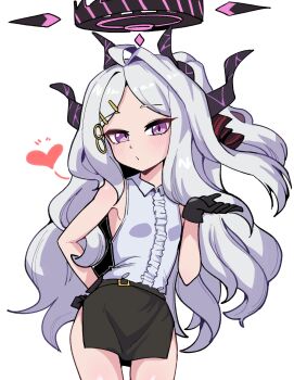 1girl ahoge black_gloves black_halo black_skirt blue_archive blush breasts demon_girl demon_horns gloves halo heart highres hina_(blue_archive) horns long_hair looking_at_viewer mago_cats purple_eyes simple_background skirt small_breasts solo textless_version white_background white_hair