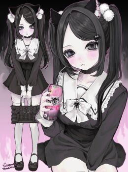 1girl aegyo_sal animal_ears bag between_legs black_bag black_dress black_eyes black_shoes blush bow can cat_ears closed_mouth commentary commission dress drinking_straw frilled_shirt_collar frills full_body hair_intakes hair_ornament hand_between_legs hashtag-only_commentary highres holding holding_bag holding_can jirai_kei long_hair long_sleeves looking_at_viewer motsu_(timotimo451) multiple_views original parted_bangs pom_pom_(clothes) pom_pom_hair_ornament shoes skeb_commission thighhighs twintails white_bow white_thighhighs