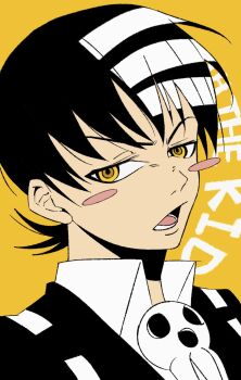 1boy black_hair blush blush_stickers catfish05 character_name death_the_kid hashtag-only_commentary highres looking_at_viewer male_focus open_mouth portrait short_hair simple_background skull_brooch solo soul_eater striped_hair yellow_background yellow_eyes