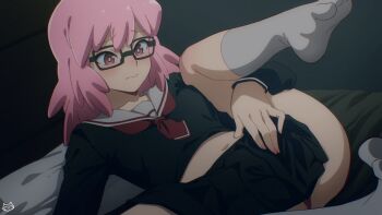 1girl absurdres ass bed bed_sheet bedroom black-framed_eyewear black_serafuku black_skirt blush boku_no_hero_academia closed_mouth collarbone female_focus female_masturbation fingering fingering_through_clothes fingernails glasses haneyama_kazuho highres huge_ass huge_filesize indoors keihh long_hair long_sleeves lying masturbation midriff nail_polish neckerchief on_back on_bed panties petite pink_eyes pink_hair pink_nails red_neckerchief red_panties red_underwear sailor_collar school_uniform serafuku skirt socks solo spread_legs thighs through_clothes underwear vigilante_-boku_no_hero_academia:_illegals- white_sailor_collar white_socks