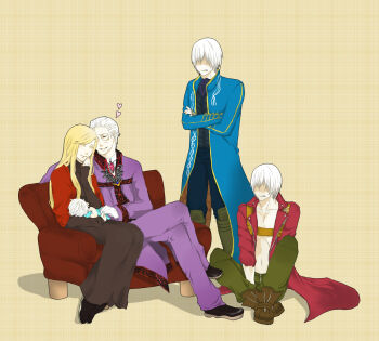 Rule 34 | 1girl, 3boys, angry, baby, brothers, capcom, couple, dante (devil may cry), devil may cry (series), eva (devil may cry), family, father and son, heart, hetero, highres, mother and son, multiple boys, nero (devil may cry), siblings, sparda, twins, vergil (devil may cry)