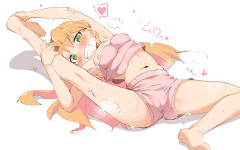 1girl barefoot breasts camisole clip_studio_paint_(medium) commentary covered_erect_nipples green_eyes highres kneepits long_hair looking_at_viewer medium_breasts navel nekono_matatabi nipple_slip nipples orange_hair parted_lips pink_camisole pink_shorts ruri_no_houseki shorts solo sound_effects speech_bubble strap_slip suggestive_fluid symbol-only_commentary tanigawa_ruri