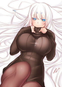 Rule 34 | 1girl, animal ears, blue eyes, blush, breasts, brown pantyhose, brown sweater, closed mouth, dated, ears down, female focus, fox ears, hair spread out, jewelry, konshin, large breasts, looking at viewer, lying, necklace, on back, orie mishiro, original, pantyhose, ribbed sweater, short eyebrows, signature, solo, sweater, white hair