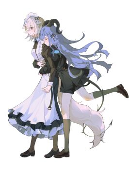 2girls absurdres ampheta animal_ears apron arknights bang_dream! bang_dream!_it&#039;s_mygo!!!!! black_jacket black_ribbon black_shoes black_shorts black_socks blonde_hair blue_hair brown_shoes chinese_commentary closed_eyes closed_mouth commentary_request dog_ears dog_girl dog_tail full_body hair_ribbon highres horns hug hug_from_behind jacket kneehighs long_hair maid maid_headdress medium_hair misumi_uika misumi_uika_(caged_singer) multiple_girls purple_eyes ribbon shoes shorts simple_background socks tail togawa_sakiko togawa_sakiko_(master_of_melodia) white_apron white_background yuri