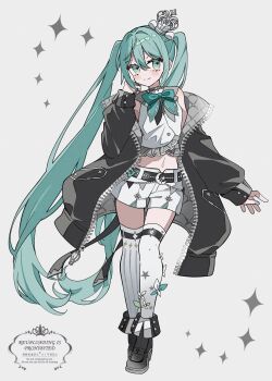 Rule 34 | 1girl, aqua bow, aqua bowtie, aqua eyes, aqua hair, aqua nails, black boots, black jacket, boots, bow, bowtie, commentary request, cropped shirt, crown, grey background, hair between eyes, hatsune miku, highres, jacket, long hair, looking at viewer, maca1227, midriff, mini crown, miniskirt, nail polish, navel, open clothes, open jacket, project sekai, shirt, skirt, sleeveless, sleeveless shirt, solo, taiyou to tsuki to hoshi no parade (project sekai), thighhighs, twintails, vocaloid, white shirt, white skirt, white thighhighs