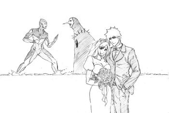1boy 1girl 1other black_suit bleach bouquet bow bowtie breasts cleavage collarbone compound_eyes dorsal_fin dress flower formal_clothes hair_flower hair_ornament hand_in_pocket holding holding_bouquet inoue_orihime kurosaki_ichigo large_breasts long_hair looking_at_viewer menos_grande monochrome photo-referenced rakusakugk rose shirt short_hair smile suit ultra_series ultraman_tiga ultraman_tiga_(series) veil white_dress white_shirt