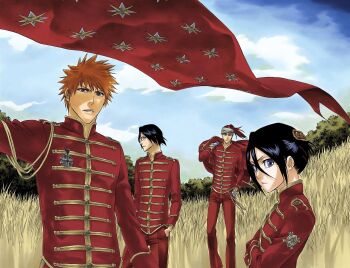 1girl 3boys abarai_renji black_hair bleach blue_eyes blue_hair blue_sky brown_eyes cloud crossed_arms field flat_chest glasses hands_in_pockets headband ishida_uryuu kubo_tite kuchiki_rukia kurosaki_ichigo looking_at_viewer medium_hair multiple_boys official_art orange_hair pants ponytail red_hair second-party_source short_hair sky spiked_hair tree