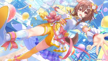 1girl :3 :d absurdres animal_ears asymmetrical_legwear balloon bone_hair_ornament bow bowtie braid brown_eyes brown_hair cartoon_bone collared_shirt commentary_request confetti copyright_name corset day dog_ears dog_girl dog_tail double-parted_bangs fangs garter_straps hair_between_eyes hair_bow hair_ornament headset highres hololive hololive_dreams implied_extra_ears inugami_korone kneehighs looking_at_viewer low_twin_braids medium_hair mismatched_legwear official_alternate_costume official_art open_mouth outdoors outstretched_arms over-kneehighs overskirt pom_pom_(clothes) pom_pom_hair_ornament puffy_short_sleeves puffy_sleeves shirt shoe_soles shoes short_sleeves shorts single_garter_strap single_over-kneehigh single_thighhigh skirt smile socks solo tail thigh_strap thighhighs twin_braids uneven_legwear virtual_youtuber white_corset white_shirt white_shoes white_skirt white_socks worried wrist_cuffs yellow_bow yellow_bowtie yellow_shorts yellow_thighhighs