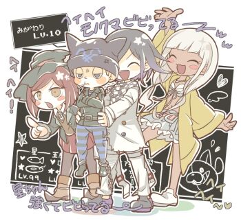 Rule 34 | ^ ^, anger vein, ankle cuffs, annoyed, aqua skirt, arm belt, arm up, beanie, belt, belt buckle, bikini, bikini ribbon, black belt, black eyes, black hair, black hat, black jacket, black jumpsuit, black scarf, black shoes, blazer, blue jumpsuit, blunt bangs, blunt ends, blush stickers, bob cut, boots, brown boots, brown eyes, brown hair, brown vest, buckle, buttons, chain, checkered clothes, checkered scarf, cigarette, closed eyes, closed mouth, collared jacket, collared shirt, colored shadow, crossed arms, cuffs, danganronpa (series), danganronpa v3: killing harmony, dark-skinned female, dark skin, determined, dialogue box, double-breasted, dress shirt, eyelashes, fake horns, footwear ribbon, frilled bikini, frilled skirt, frills, frown, gameplay mechanics, gloom (expression), gold buckle, grey pantyhose, grey shirt, hair over shoulder, hair tie, half-closed eyes, hand on own hip, happy, hat, hat belt, heart, height difference, horned headwear, horns, hoshi ryoma, jacket, jewelry, jumpsuit, lapels, leaning forward, leather, leather jacket, lifting person, long hair, long sleeves, low twintails, miniskirt, mouth hold, multicolored buttons, multicolored shoes, multiple belts, necklace, notched lapels, oma kokichi, open belt, open clothes, open jacket, open mouth, outline, pants, pantyhose, pleated skirt, pointing, pointing forward, pointy boots, prison clothes, purple shoes, raincoat, red belt, red hair, red skirt, ribbon, scarf, shackles, shaded face, shadow, shell, shell necklace, shirt, shoes, short hair, short male, skirt, smile, star (symbol), striped jumpsuit, sweater vest, swimsuit, teeth, third-party source, ticktack chicken, torn clothes, torn jacket, translation request, twintails, two-tone jumpsuit, two-tone scarf, two-tone shoes, upper teeth only, v-neck, v-shaped eyebrows, very long hair, vest, white background, white bikini, white jacket, white outline, white pants, white ribbon, white scarf, white shoes, wide sleeves, witch hat, wrist belt, yellow raincoat, yonaga angie, yumeno himiko