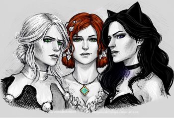 3girls black_choker black_hair choker ciri green_eyes grey_background grey_hair greyscale jewelry looking_at_another monochrome multiple_girls nastya_drakonoart necklace pendant_choker purple_eyes red_hair spot_color the_witcher_(series) the_witcher_3 triss_merigold yennefer_of_vengerberg