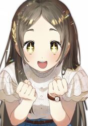Rule 34 | + +, 1girl, belt, blue skirt, blush, brown belt, brown hair, clenched hands, commentary request, gakuen idolmaster, hands up, highres, idolmaster, kuramoto china, lace-trimmed sleeves, lace trim, lens flare, long hair, looking at viewer, open mouth, parted bangs, sarada (sarada png), shirt, shirt tucked in, short sleeves, simple background, skirt, smile, solo, upper body, watch, white background, white shirt, wristwatch, yellow eyes