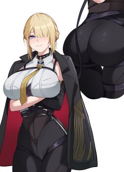 1girl absurdres arms_under_breasts ass belt blonde_hair blush braid breast_lift breasts choker crown_braid elbow_gloves evelyn_chevalier gloves hair_between_eyes hair_over_one_eye highres huge_ass huge_breasts jacket jacket_on_shoulders latex latex_pants looking_at_viewer meowdeer multiple_views necktie purple_eyes sleeveless smile strap thick_thighs thighs white_background wide_hips zenless_zone_zero