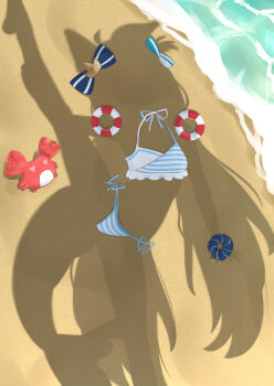 1girl absurdres ahoge akuruatsu animal_ears beach bikini blue_bikini cat_ears commentary dressed_shadow_(meme) fins fish_tail frilled_bikini frills heart heart-shaped_eyes highres implied_nudity indie_virtual_youtuber kaniki_(sameko_saba) leg_lift lifebuoy meme sameko_saba sameko_saba_(1st_costume) side-tie_bikini_bottom solo_focus split standing striped_bikini striped_clothes swim_ring swimsuit tail twintails untranslatable_commentary virtual_youtuber water white_bikini