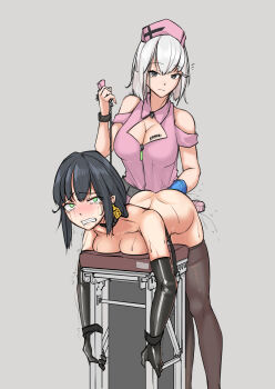 2girls absurdres ass barcode barcode_tattoo bdsm black_hair blush breasts cleavage cleavage_cutout clenched_teeth clothing_cutout collar crying crying_with_eyes_open drooling ear_tag elbow_gloves female_focus fisting gloves green_eyes grey_eyes half-closed_eyes highres large_breasts latex latex_gloves leash multiple_girls nude nurse pussy_juice rape restrained ryona slave stationary_restraints sweat tattoo tears teeth thighhighs torture trembling white_hair yaya_(17201490) yuri