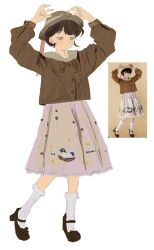Rule 34 | 1girl, 94z4woxtl, bow, bowtie, brown hair, dress, full body, grey eyes, hands up, hat, hat ribbon, highres, jacket, long sleeves, original, photo-referenced, reference inset, ribbon, short hair, socks, solo