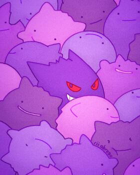 colored_sclera crowded ditto downscaled gen_1_pokemon gengar grin looking_at_viewer lowres nintendo no_humans paid_reward_available pokemon pokemon_(creature) purple_eyes purple_fur purple_theme red_sclera resized rii_abrego smile solid_circle_eyes transformed_ditto