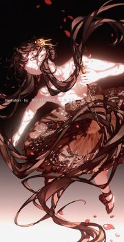 Rule 34 | 1girl, artist name, ballet slippers, bare arms, bare shoulders, black dress, black hair, black shoes, breasts, chaoxibumian, cleavage, dagger, dated, dress, earrings, falling petals, flower, from above, gold earrings, gold hairband, gradient background, hair between eyes, hair flower, hair ornament, hairband, highres, holding, holding weapon, jewelry, knife, long hair, medium breasts, petals, red eyes, red petals, shoes, sidelocks, solo, spy x family, stiletto (weapon), tutu, weapon, yor briar