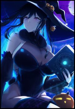 1girl black_hair blue_hair book breasts cleavage colored_inner_hair covered_navel detached_sleeves ellier23 full_moon fur_collar glowing glowing_hair hat highres holding holding_book hololive hololive_english jack-o&#039;-lantern large_breasts long_hair long_sleeves looking_ahead mole mole_under_eye moon multicolored_hair nerissa_ravencroft night night_sky pink_eyes see-through_cleavage see-through_clothes sky solo virtual_youtuber witch_hat