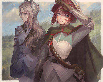 2girls absurdres arm_up badge belt belt_pouch black_cape blue_eyes blue_jacket blue_shirt blue_sky border brown_belt brown_border cape chikenug1000000 closed_mouth cloud cloudy_sky commentary gauntlets grass green_cape grey_eyes grey_hair hair_ornament hand_up hat highres jacket long_hair making-of_available marsha_(reverse:1999) military_uniform multiple_girls outdoors outside_border pouch profile red_hair reverse:1999 sam_browne_belt sentinel_(reverse:1999) shirt side-by-side side_cape skirt sky symbol-only_commentary upper_body white_hat white_skirt