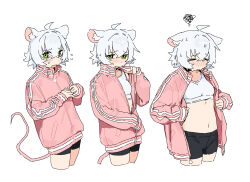 Rule 34 | 1girl, animal ear fluff, animal ears, bike shorts, blush, breasts, colored inner animal ears, commentary, english commentary, flustered, green eyes, highres, jacket, long sleeves, looking at viewer, midriff, mouse ears, mouse girl, mouse tail, multiple views, open clothes, open jacket, open mouth, original, perl (vertigris), pink jacket, progression, removing jacket, short hair, simple background, small breasts, sports bra, tail, track jacket, undressing, vertigris, white background, white hair, white sports bra
