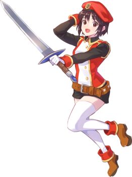 1girl artist_request badge belt belt_buckle beret black_hair black_shirt black_shorts black_sleeves breasts brown_belt brown_eyes brown_shoes buckle buttons collared_shirt full_body gloves gold_buttons hat holding holding_sword holding_weapon ispin_charles jacket large_belt left-handed leg_up long_sleeves looking_at_viewer loose_belt medium_breasts midair military_hat military_jacket military_uniform multicolored_jacket narrow_waist nexon official_art open_mouth plain_epaulettes red_hat red_jacket second-party_source shirt shoes short_hair shorts simple_background skinny sleeve_cuffs sleeveless sleeveless_jacket smile solo sword tales_weaver thighhighs transparent_background two-tone_jacket undershirt unfinished weapon white_gloves white_jacket white_thighhighs wing_collar yellow_trim