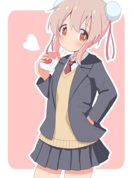 1girl alternate_costume black_jacket blush border brown_eyes bun_cover commentary cowboy_shot double_bun drinking_straw drinking_straw_in_mouth hair_between_eyes hair_bun hair_ribbon hand_in_pocket heart highres jacket long_sleeves looking_at_viewer miniskirt necktie onii-chan_wa_oshimai! open_clothes open_jacket outline outside_border oyama_mahiro pink_background pink_hair pleated_skirt red_necktie red_ribbon ribbon simple_background skirt solo strawberry_milk unkimo white_border white_outline wing_collar