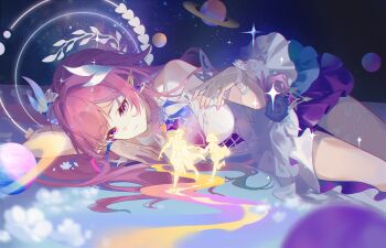 1girl absurdres bare_shoulders breasts commentary cyrene_(aedes_elysiae)_(honkai:_star_rail) cyrene_(honkai:_star_rail) cyrene_(ripples_of_past_reverie)_(honkai:_star_rail) diamond-shaped_pupils diamond_(shape) dress flower hair_flower hair_ornament halo highres honkai:_star_rail honkai_(series) large_breasts long_hair lying on_side pink_hair planet_hair_ornament pointy_ears purple_eyes sky solo star_(sky) starry_sky symbol-shaped_pupils thighs very_long_hair white_dress woodylixx
