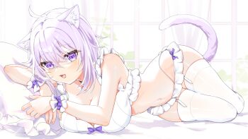 1girl absurdres ahoge animal_ear_fluff animal_ears bra breasts cat_ears cat_girl cat_tail cleavage commentary_request frilled_bra frilled_panties frilled_wrist_cuffs frills garter_straps hair_between_eyes highres hololive large_breasts looking_at_viewer lying medium_hair mizna_te navel nekomata_okayu on_side open_mouth panties pillow smile solo stomach tail thighhighs underwear virtual_youtuber white_bra white_panties white_thighhighs white_wrist_cuffs wrist_cuffs