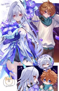 1girl aged_down bare_shoulders blue_flower blush bouquet breasts chibi child dress flower genshin_impact hair_between_eyes hair_ornament holding holding_bouquet long_hair medium_breasts pottsness prosthesis prosthetic_arm prosthetic_leg red_eyes skirk_(genshin_impact) smile speech_bubble tartaglia_(genshin_impact) very_long_hair white_hair