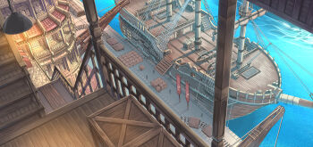 banner commentary_request day hanging_light highres nagi_itsuki original outdoors people pixiv_fantasia pixiv_fantasia_age_of_starlight railing railroad_tracks river scenery ship stairs water watercraft wooden_box