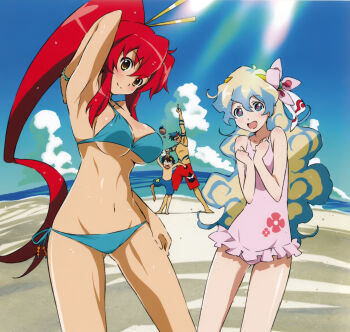 +_+ 00s 2boys 2girls absurdres arm_tattoo armpits beach bikini blue_bikini blue_hair blue_male_swimwear blue_swim_trunks blush boota_(ttgl) bracelet breasts chest_tattoo cleavage cloud cross-shaped_pupils day floral_print flower frilled_one-piece_swimsuit frills hair_between_eyes hair_flower hair_ornament hair_stick hand_on_another&#039;s_head hand_on_own_thigh head_tilt high_ponytail highres jewelry kamina_(ttgl) large_breasts legs_apart long_hair male_swimwear multicolored_hair multiple_boys multiple_girls navel nia_teppelin official_art one-piece_swimsuit outdoors pink_one-piece_swimsuit pointing ponytail print_one-piece_swimsuit print_swimsuit red_hair red_male_swimwear red_swim_trunks scan shinagawa_hiroki short_hair side-tie_bikini_bottom simon_(ttgl) sky smile standing standing_on_one_leg stomach_tattoo swim_trunks swimsuit symbol-shaped_pupils tattoo tengen_toppa_gurren_lagann thighs time_paradox triangular_eyewear two-tone_hair underboob very_long_hair wavy_hair wet wet_hair wide-eyed wide_hips yoko_littner