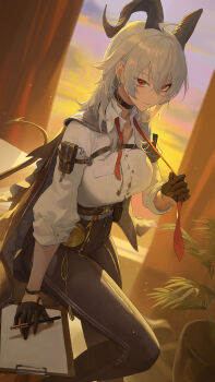 1girl absurdres arm_pouch armband black_armband black_choker black_gloves black_horns black_pants breasts button_gap chest_harness choker clipboard closed_mouth collared_shirt commentary curled_horns demon_tail earrings gloves hair_between_eyes harness high-waist_pants highres holding holding_pen horns indoors jewelry key_earrings large_breasts long_hair looking_at_viewer necktie pants pen pouch red_eyes red_necktie shirt shirt_tucked_in solo tail tight_clothes tight_pants ttk_(kirinottk) undone_necktie white_shirt wuthering_waves zani_(wuthering_waves)