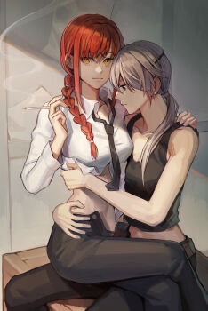 2girls absurdres arms_around_waist bare_shoulders black_necktie black_pants black_tank_top box braid braided_ponytail brown_eyes chainsaw_man cigarette clothes_lift collarbone collared_shirt expressionless feet_out_of_frame formal_clothes grey_background grey_hair hand_on_another&#039;s_hip hand_on_another&#039;s_shoulder highres holding holding_cigarette katsuyaatorz lifting_another&#039;s_clothes long_hair looking_at_viewer low_ponytail makima_(chainsaw_man) multiple_girls navel necktie on_box pants ponytail profile quanxi_(chainsaw_man) red_hair ringed_eyes shirt shirt_lift side_braid single_braid sitting sitting_on_box sitting_on_lap sitting_on_person smile smoke tank_top white_shirt yellow_eyes yuri