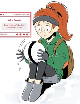 1girl 990shitpost backpack bag boots commentary_request elbow_patches english_text full_body glasses gloves headband highres holding hood hoodie infinity_train knees_up korean_commentary leggings long_hair long_sleeves looking_down non-humanoid_robot one-one_(infinity_train) orange_hair ponytail request_inset robot sitting skirt solo strawpage tulip_olsen