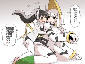 2girls arceus between_legs black_eyes black_hair blush_stickers bodysuit commentary earrings fewer_digits formal_clothes gen_4_pokemon high_heels high_ponytail horns implied_breast_grab jewelry kasugai_(de-tteiu) legendary_pokemon leggings makhia_(kasugai_(de-tteiu)) maria_(kasugai_(de-tteiu)) messy_hair multicolored_eyes multiple_girls mythical_pokemon nintendo personification pokemon ponytail regigigas sidelocks suggestive_fluid suit sweat tail tail_between_legs translated two_side_up white_bodysuit white_hair white_leggings white_suit