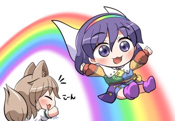 2girls :3 :d animal_ear_fluff animal_ears belt_pouch blue_eyes blue_hair blush boots brown_hair cape closed_eyes commentary_request fox_ears fox_girl fox_tail ko~n kudamaki_tsukasa long_sleeves multiple_girls notice_lines open_mouth outstretched_arms patchwork_clothes pink_boots pouch rainbow rainbow_gradient rainbow_hairband rokugou_daisuke romper short_hair short_sleeves signature simple_background smile spread_arms tail tenkyuu_chimata touhou white_background white_cape white_romper