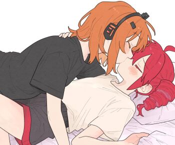 2girls adachi_rei ahoge android black_headband black_shirt black_shorts blush clutching_blanket drill_hair girl_on_top hair_between_eyes headband highres kasane_teto kiss lying medium_hair multiple_girls ofo_j1 on_back on_bed orange_hair red_hair shirt shorts sidelocks simple_background twin_drills utau white_background white_shirt yuri