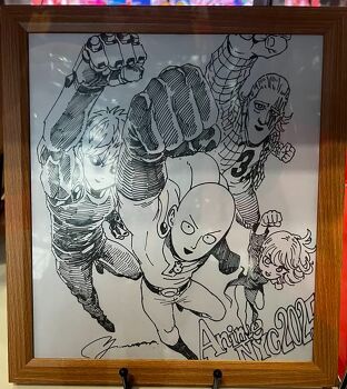 1boy 1girl absurdres bald black_dress breasts commentary curly_hair dress english_commentary genos greyscale highres king_(one-punch_man) medium_hair monochrome murata_yuusuke official_art one-punch_man petite photo_(medium) saitama_(one-punch_man) short_hair simple_background small_breasts tatsumaki third-party_source white_background