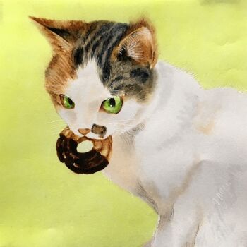 animal_focus cat commentary_request cookie eating food green_background green_eyes highres marker_(medium) mouth_hold no_humans original ruchi_(nxje5533) traditional_media upper_body