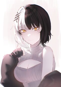 1girl absurdres alternate_costume bare_shoulders black_hair breasts cleavage_cutout clothing_cutout earrings hair_ornament highres hololive hololive_english jacket jewelry kurochanai large_breasts light_smile long_sleeves looking_at_viewer multicolored_hair puffy_sleeves shiori_novella simple_background sleeveless sleeveless_sweater sweater two-tone_hair virtual_youtuber white_hair yellow_eyes