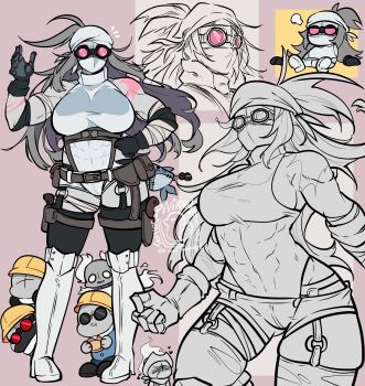 1girl 2021 4boys abs absurdres armband artist_name bandages belt black_gloves boots breasts chibi clenched_hand coat commentary contrapposto couple deimos_(madness_combat) dual_wielding english_commentary facial_scar framed full_body g-string gloves goggles grey_background hand_on_own_hip hank_j._wimbleton hat headband heart highres holding holding_weapon jewelry kiss large_breasts long_hair madness_combat mask mature_female mature_male messy_hair midriff multiple_boys multiple_views muscular muscular_female piyik pouch sanford_(madness_combat) scar scar_on_arm scar_on_cheek scar_on_face scarf sheriff_(madness_combat) shirt short_shorts shorts sidelocks simple_background skindentation smile sparkle standing strap sunglasses tall_female thick_thighs thigh_strap thighhighs thighhighs_under_boots thighs thong turtleneck very_long_hair watermark waving weapon white_coat white_footwear white_hank white_shorts zettai_ryouiki