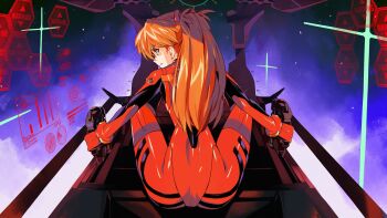 1girl absurdres aseiusx ass back blue_eyes bodysuit clenched_teeth cockpit commentary english_commentary from_behind highres long_hair looking_to_the_side mecha_pilot_suit neon_genesis_evangelion orange_hair piloting plugsuit_(evangelion) red_bodysuit serious solo souryuu_asuka_langley teeth