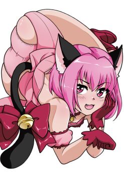 1girl absurdres animal_ears ass back backless_outfit bell boots bow cat_ears cat_tail choker come_hither dress fang frilled_choker frills gloves highres huge_ass jingle_bell looking_at_viewer looking_back magical_girl mew_ichigo momomiya_ichigo naughty_face off-shoulder_dress off_shoulder panties pink_choker pink_eyes pink_hair puffy_sleeves red_boots red_gloves shimetta_masuta shiny_skin short_dress short_hair skirt smile solo tail tail_bell tail_bow tail_ornament thigh_strap tokyo_mew_mew transparent_background underwear
