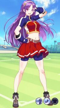 1girl asamiya_athena bike_shorts bike_shorts_under_skirt breasts dress female_focus hairband highres long_hair midriff navel outdoors pale_skin purple_eyes purple_hair shoes skirt smile snk socks standing star_(symbol) the_king_of_fighters